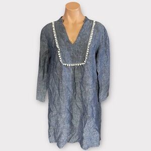 Boden Evangeline Pure Linen Tunic Dress Women's 10R Light Blue Pom Pom Cover Up